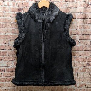 Revue Vest 100% Leather With Rabbit Fur Trim Black Size 8